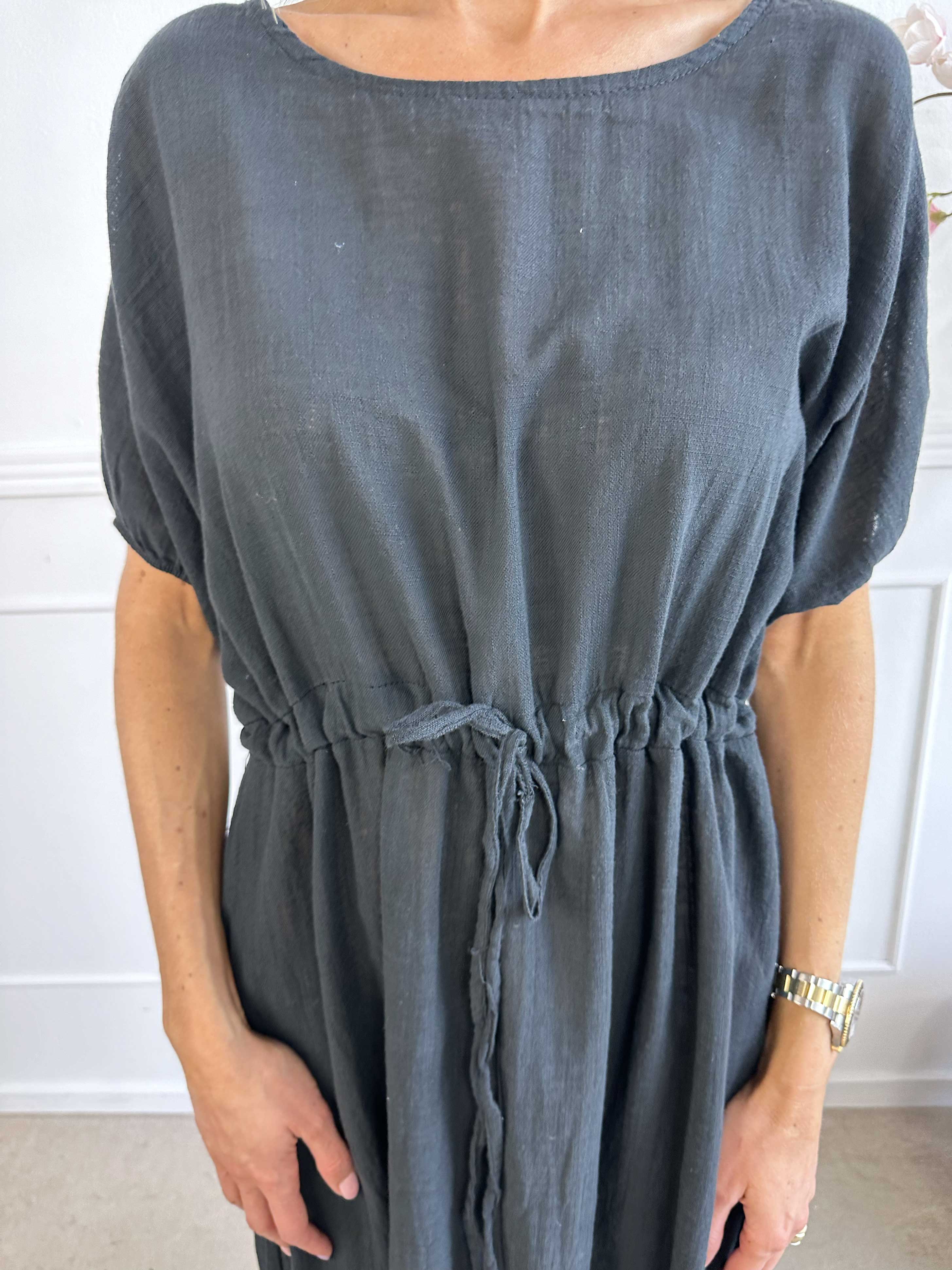 Agnete - Lang kjole i bomuld med bindebånd